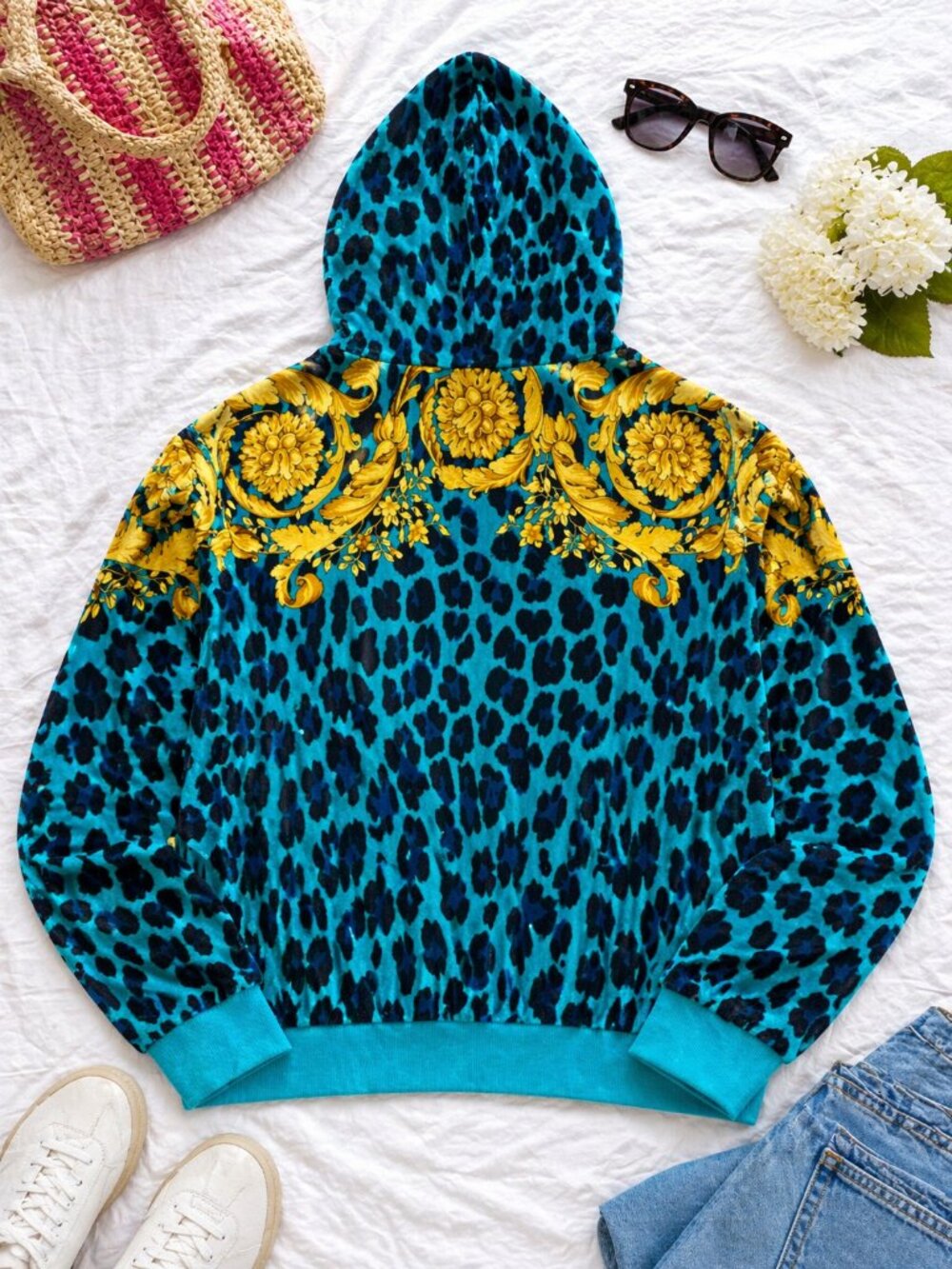Vintage Versace Velour Baroque Leopard Hoodie Jacket (Size 40 / M) - Picture 2 of 5